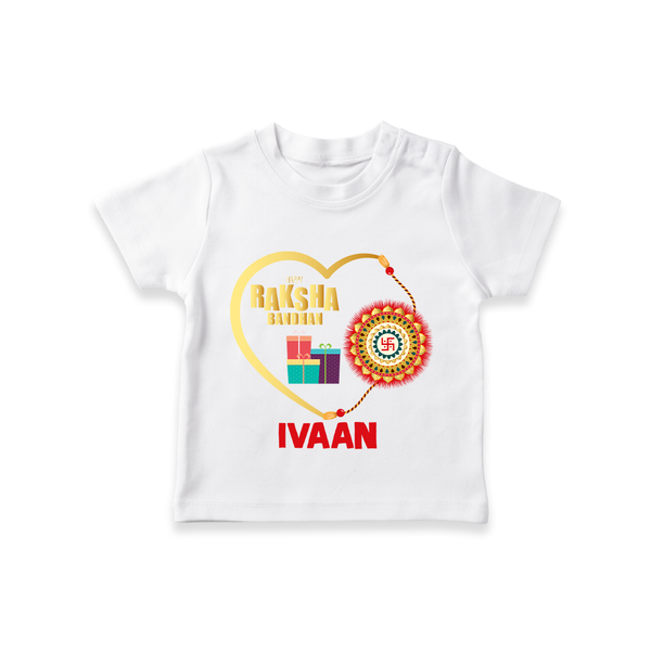 Gift & Rakhi Heart Print TShirt – heart-shaped rakhi with gifts illustration. - WHITE - 0-5 Months Old (Chest 17")