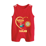 Gift & Rakhi Heart Print Button Romper – heart-shaped rakhi with gifts illustration. - RED - New Born (Chest 18")