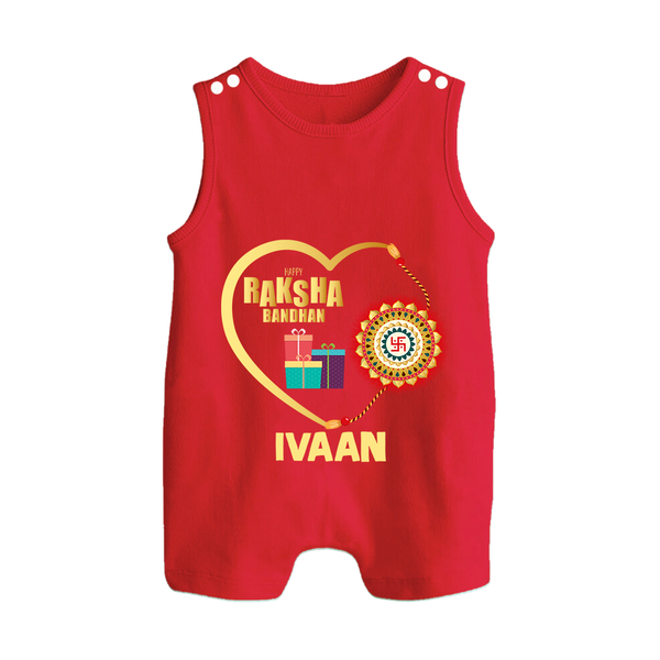 Gift & Rakhi Heart Print Button Romper – heart-shaped rakhi with gifts illustration. - RED - New Born (Chest 18")