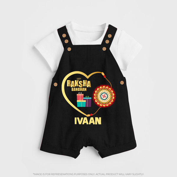 Gift & Rakhi Heart Print Dungaree – heart-shaped rakhi with gifts illustration. - BLACK - 0 - 5 Months Old (Chest 18")