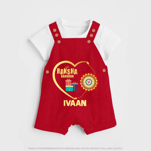 Gift & Rakhi Heart Print Dungaree – heart-shaped rakhi with gifts illustration. - RED - 0 - 5 Months Old (Chest 18")
