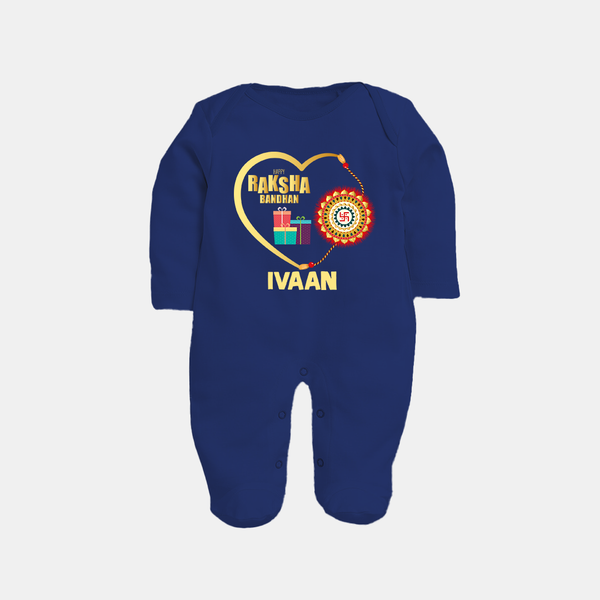 Gift & Rakhi Heart Print Fullbody Suit – heart-shaped rakhi with gifts illustration. - NAVY BLUE - New Born (Chest 7.5")