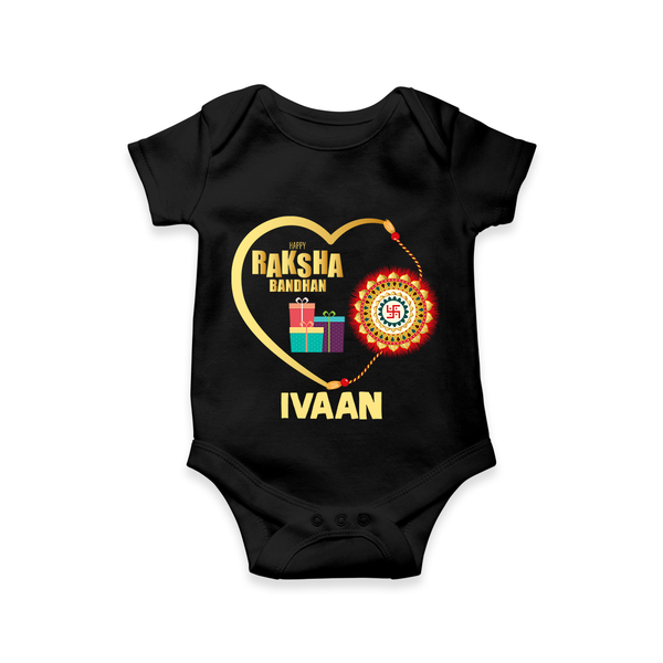 Gift & Rakhi Heart Print Romper  – heart-shaped rakhi with gifts illustration. - BLACK - New Born (Chest 14")