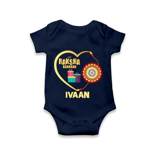 Gift & Rakhi Heart Print Romper  – heart-shaped rakhi with gifts illustration. - NAVY BLUE - New Born (Chest 14")