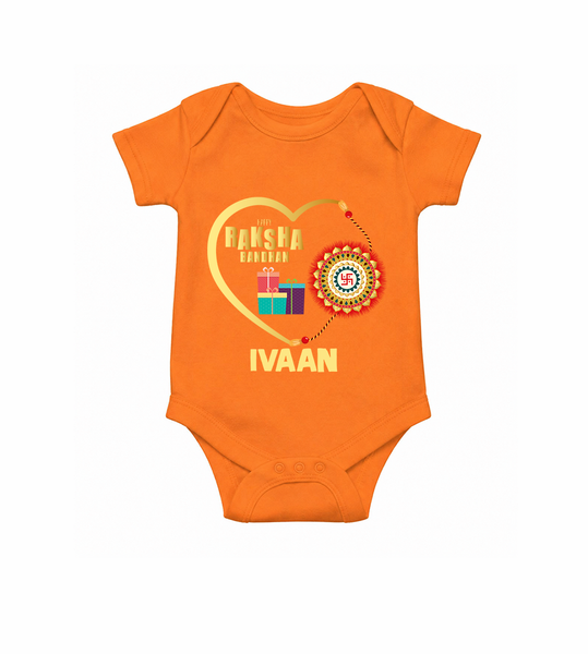 Gift & Rakhi Heart Print Romper  – heart-shaped rakhi with gifts illustration.