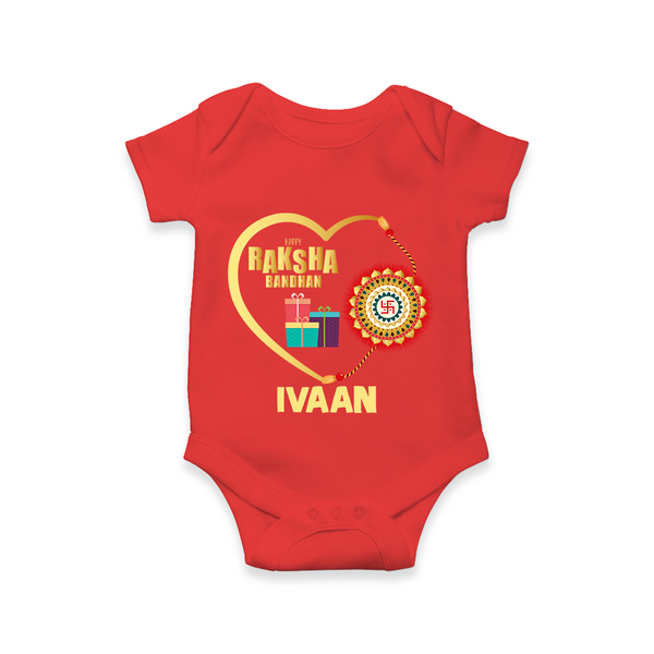 Gift & Rakhi Heart Print Romper  – heart-shaped rakhi with gifts illustration. - RED - New Born (Chest 14")
