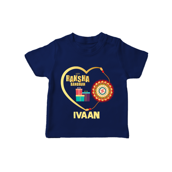 Gift & Rakhi Heart Print TShirt – heart-shaped rakhi with gifts illustration. - NAVY BLUE - 0-5 Months Old (Chest 17")