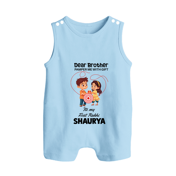First Rakhi CelebrationBrother Sister Print Button Romper – simple baby holding rakhi illustration. - BABY BLUE - New Born (Chest 18")