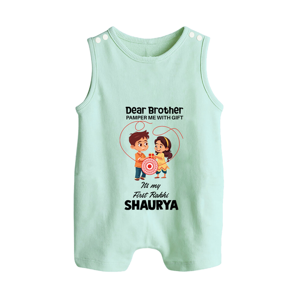 First Rakhi CelebrationBrother Sister Print Button Romper – simple baby holding rakhi illustration. - MINT GREEN - New Born (Chest 18")