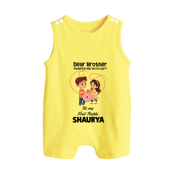 First Rakhi CelebrationBrother Sister Print Button Romper – simple baby holding rakhi illustration. - PASTEL YELLOW - New Born (Chest 18")