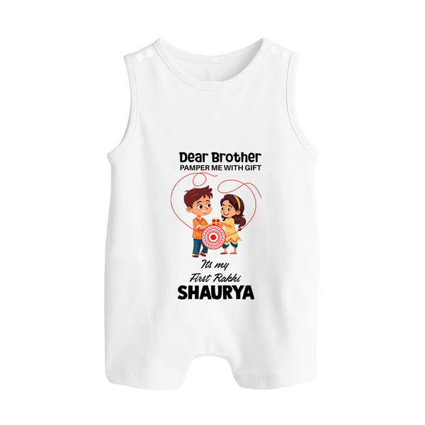 First Rakhi CelebrationBrother Sister Print Button Romper – simple baby holding rakhi illustration. - WHITE - New Born (Chest 18")