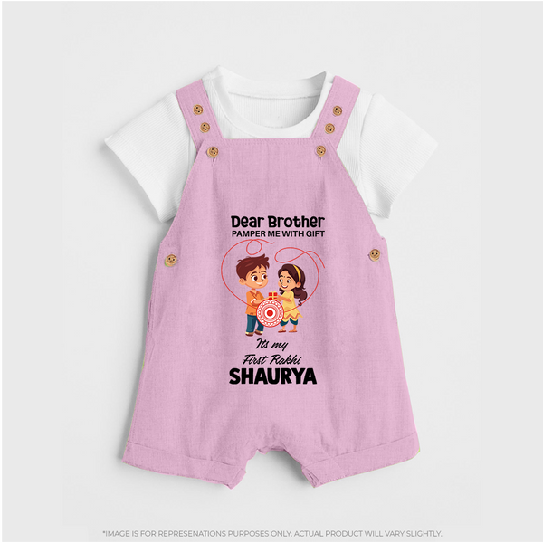 First Rakhi CelebrationBrother Sister Print Dungaree – simple baby holding rakhi illustration. - BABY PINK - 0 - 5 Months Old (Chest 18")