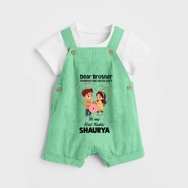 First Rakhi CelebrationBrother Sister Print Dungaree – simple baby holding rakhi illustration. - GREEN - 0 - 5 Months Old (Chest 18")