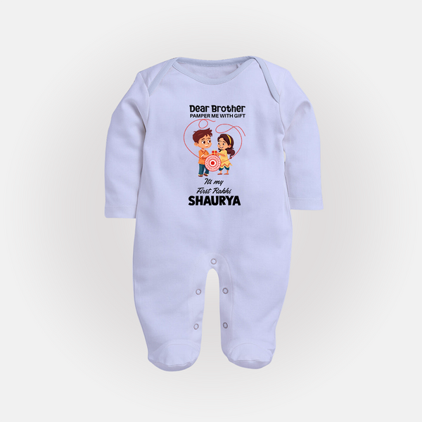 First Rakhi CelebrationBrother Sister Print Fullbody Suit – simple baby holding rakhi illustration. - BABY BLUE - New Born (Chest 7.5")