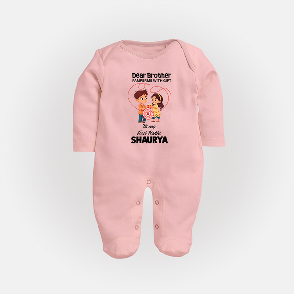 First Rakhi CelebrationBrother Sister Print Fullbody Suit – simple baby holding rakhi illustration. - BABY PINK - New Born (Chest 7.5")
