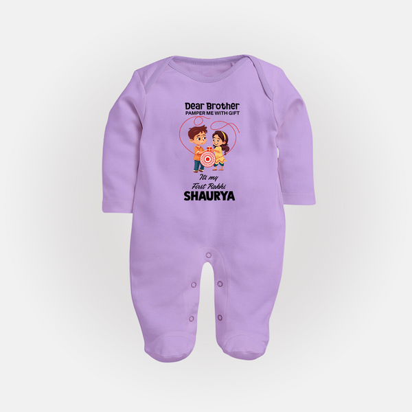 First Rakhi CelebrationBrother Sister Print Fullbody Suit – simple baby holding rakhi illustration. - LILAC - New Born (Chest 7.5")