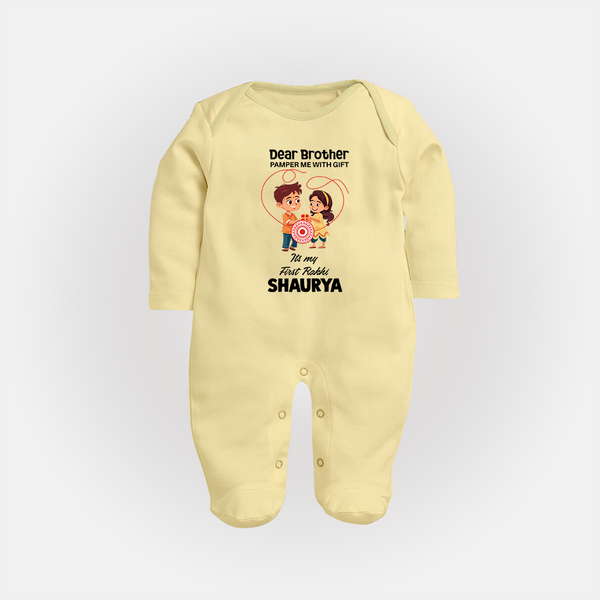 First Rakhi CelebrationBrother Sister Print Fullbody Suit – simple baby holding rakhi illustration. - PASTEL YELLOW - New Born (Chest 7.5")