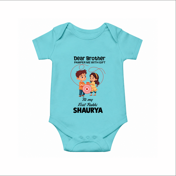 First Rakhi CelebrationBrother Sister Print Romper  – simple baby holding rakhi illustration. - ARCTIC BLUE - New Born (Chest 14")