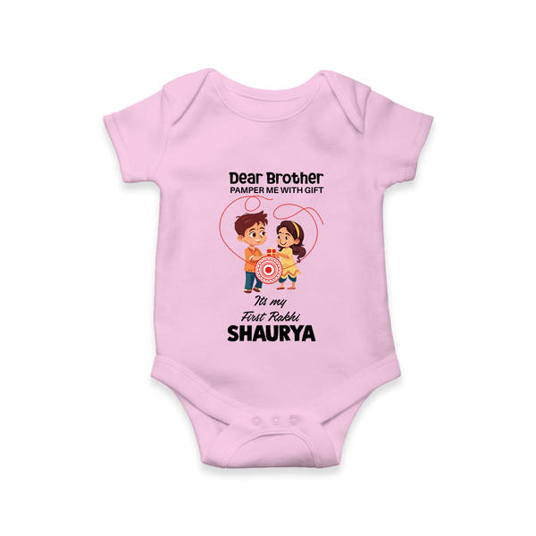 First Rakhi CelebrationBrother Sister Print Romper  – simple baby holding rakhi illustration. - BABY PINK - New Born (Chest 14")