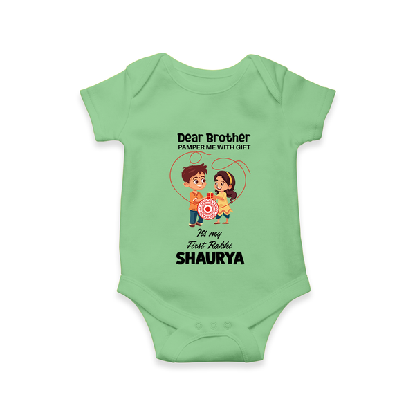 First Rakhi CelebrationBrother Sister Print Romper  – simple baby holding rakhi illustration. - GREEN - New Born (Chest 14")