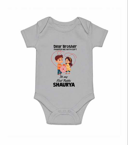 First Rakhi CelebrationBrother Sister Print Romper  – simple baby holding rakhi illustration. - GREY - New Born (Chest 14")