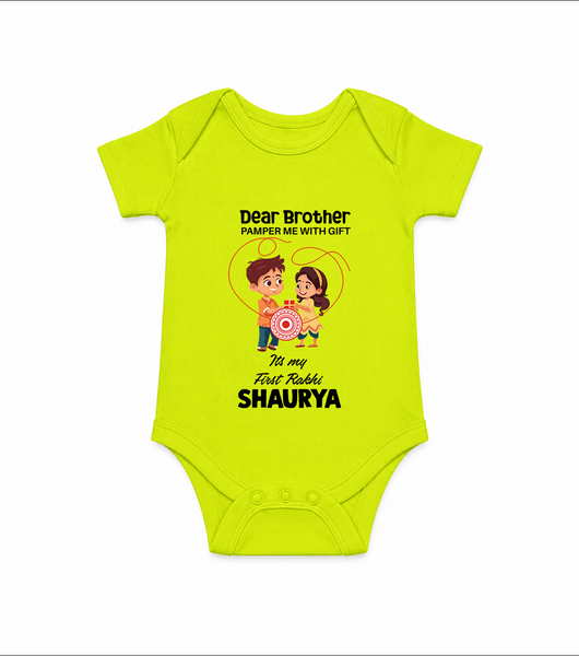 First Rakhi CelebrationBrother Sister Print Romper  – simple baby holding rakhi illustration. - LIME GREEN - New Born (Chest 14")