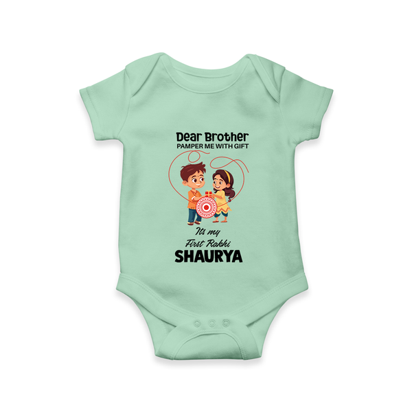 First Rakhi CelebrationBrother Sister Print Romper  – simple baby holding rakhi illustration. - MINT GREEN - New Born (Chest 14")