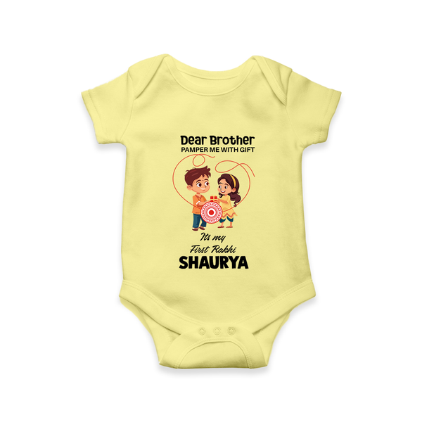 First Rakhi CelebrationBrother Sister Print Romper  – simple baby holding rakhi illustration. - PASTEL YELLOW - New Born (Chest 14")