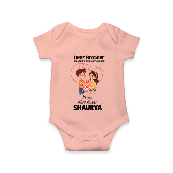 First Rakhi CelebrationBrother Sister Print Romper  – simple baby holding rakhi illustration. - PEACH - New Born (Chest 14")