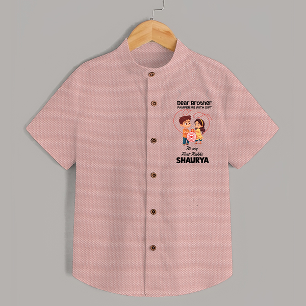 First Rakhi CelebrationBrother Sister Print Shirt – simple baby holding rakhi illustration. - PEACH - 0 - 6 Months Old (Chest 23")