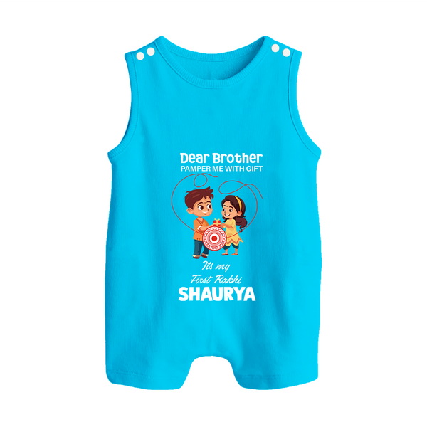 First Rakhi CelebrationBrother Sister Print Button Romper – simple baby holding rakhi illustration. - SKY BLUE - New Born (Chest 18")