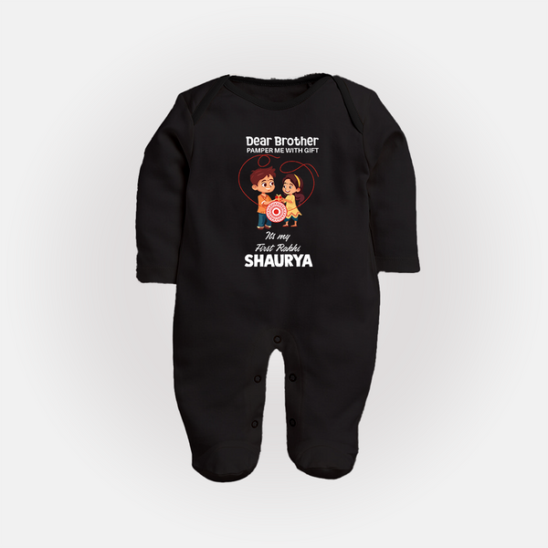 First Rakhi CelebrationBrother Sister Print Fullbody Suit – simple baby holding rakhi illustration. - BLACK - New Born (Chest 7.5")