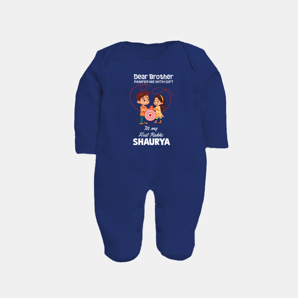 First Rakhi CelebrationBrother Sister Print Fullbody Suit – simple baby holding rakhi illustration. - NAVY BLUE - New Born (Chest 7.5")