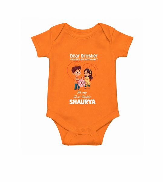 First Rakhi CelebrationBrother Sister Print Romper  – simple baby holding rakhi illustration.
