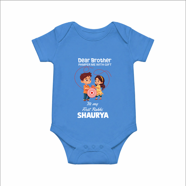 First Rakhi CelebrationBrother Sister Print Romper  – simple baby holding rakhi illustration.