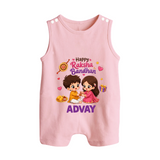 Brother-Sister Rakhi Bond Print Button Romper – kids celebrating together with rakhi illustration. - BABY PINK - New Born (Chest 18")