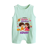 Brother-Sister Rakhi Bond Print Button Romper – kids celebrating together with rakhi illustration. - MINT GREEN - New Born (Chest 18")
