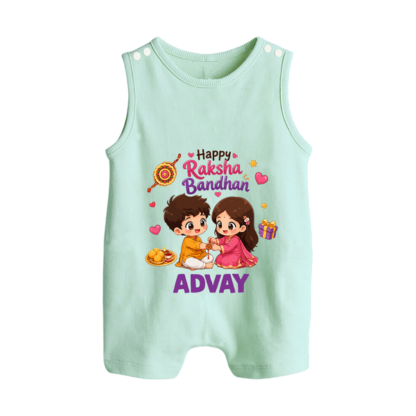 Brother-Sister Rakhi Bond Print Button Romper – kids celebrating together with rakhi illustration. - MINT GREEN - New Born (Chest 18")