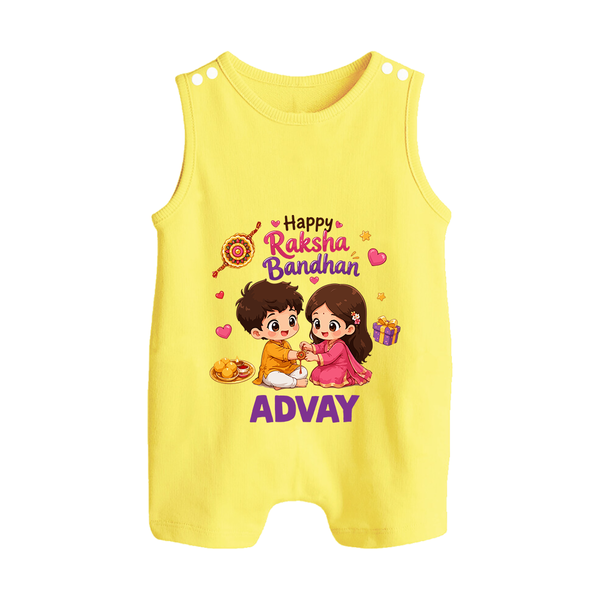 Brother-Sister Rakhi Bond Print Button Romper – kids celebrating together with rakhi illustration. - PASTEL YELLOW - New Born (Chest 18")