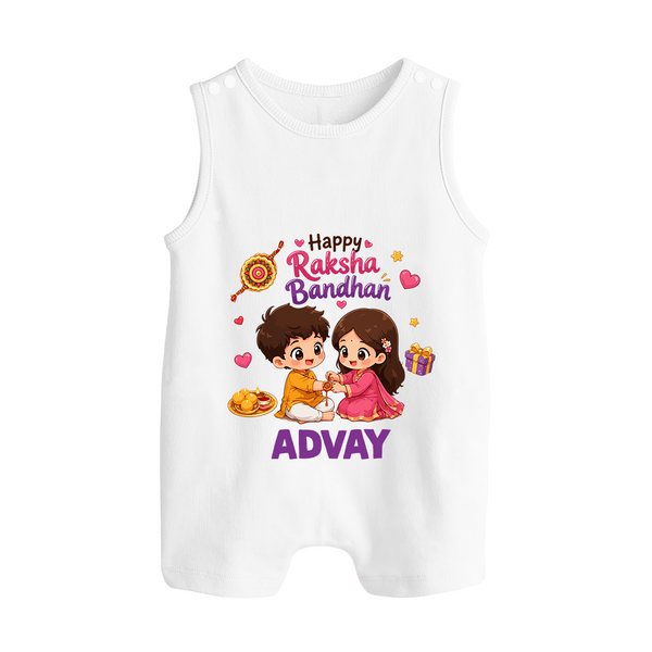 Brother-Sister Rakhi Bond Print Button Romper – kids celebrating together with rakhi illustration. - WHITE - New Born (Chest 18")