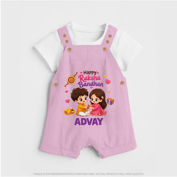 Brother-Sister Rakhi Bond Print Dungaree – kids celebrating together with rakhi illustration. - BABY PINK - 0 - 5 Months Old (Chest 18")