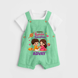 Brother-Sister Rakhi Bond Print Dungaree – kids celebrating together with rakhi illustration. - GREEN - 0 - 5 Months Old (Chest 18")