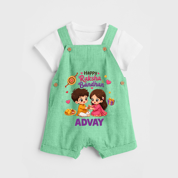 Brother-Sister Rakhi Bond Print Dungaree – kids celebrating together with rakhi illustration. - GREEN - 0 - 5 Months Old (Chest 18")