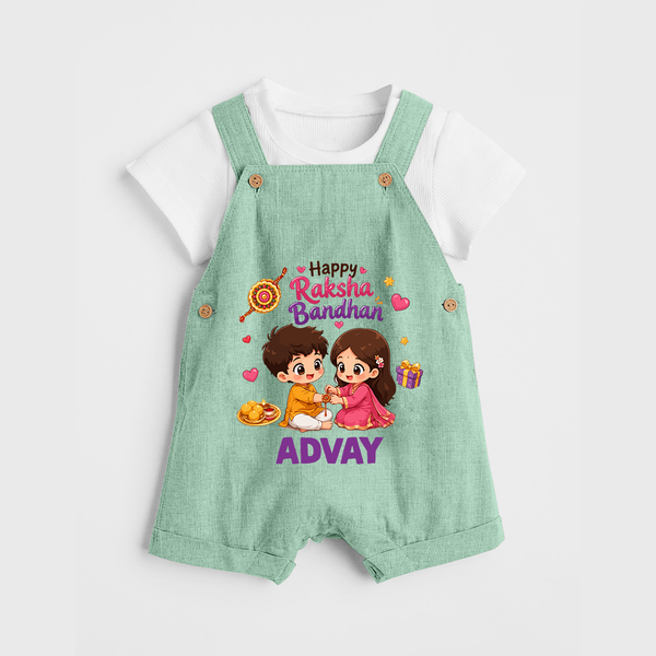 Brother-Sister Rakhi Bond Print Dungaree – kids celebrating together with rakhi illustration. - MINT GREEN - 0 - 5 Months Old (Chest 18")