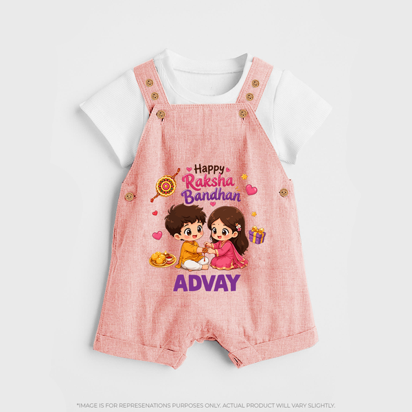 Brother-Sister Rakhi Bond Print Dungaree – kids celebrating together with rakhi illustration. - PEACH - 0 - 5 Months Old (Chest 18")