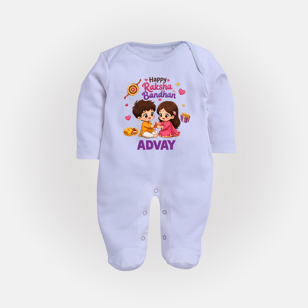 Brother-Sister Rakhi Bond Print Fullbody Suit – kids celebrating together with rakhi illustration. - BABY BLUE - New Born (Chest 7.5")
