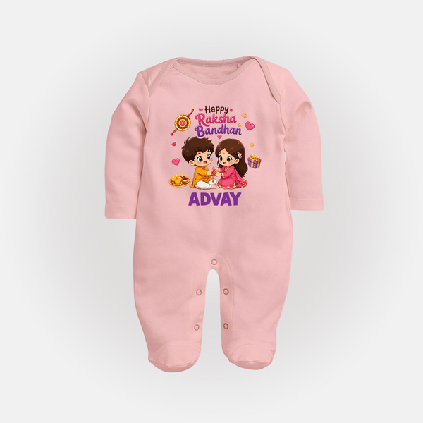 Brother-Sister Rakhi Bond Print Fullbody Suit – kids celebrating together with rakhi illustration. - BABY PINK - New Born (Chest 7.5")