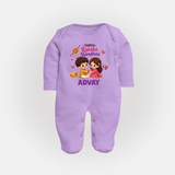 Brother-Sister Rakhi Bond Print Fullbody Suit – kids celebrating together with rakhi illustration. - LILAC - New Born (Chest 7.5")