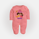 Brother-Sister Rakhi Bond Print Fullbody Suit – kids celebrating together with rakhi illustration. - PEACH - New Born (Chest 7.5")