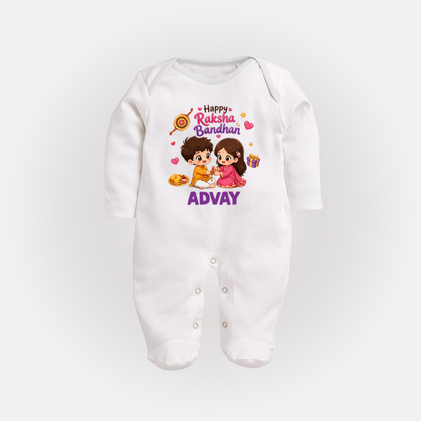 Brother-Sister Rakhi Bond Print Fullbody Suit – kids celebrating together with rakhi illustration. - WHITE - New Born (Chest 7.5")